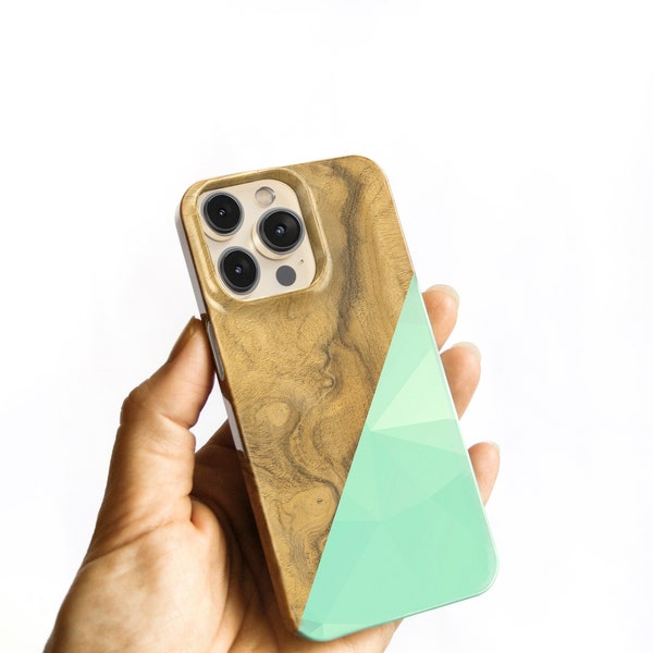 Phone Case Mint Geometric Wood Print iPhone 15 14 Pro Max Case 13 17e Mini Faux Wooden iPhone 14 Plus, Triangle  S26 Ultra C-WOGEOMNT