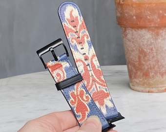 Ikat Apple Watch Band 41mm 38mm 42mm 44mm 49mm Blue and Rust Terra-cotta Vegan Leather for Ultra Series 10 9 8 6 5 4 SE iWatch WB-IKTC