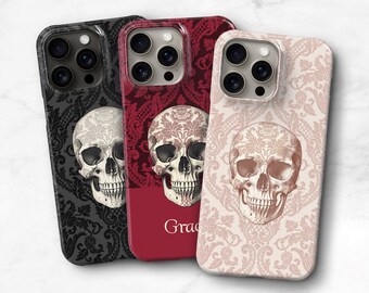 Goth Skull Phone Case Custom Name / Monogram - iPhone 16 15 14 13 17e MagSafe / Galaxy S25 S24 Plus Witchy Damask - Spooky Halloween C-GD
