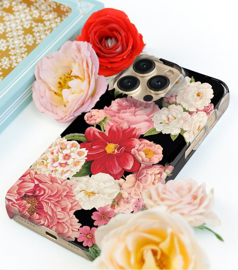 Dark Floral Bunch Phone Case iPhone 14 15 Pro Max Case 12 Mini Flowers 13 Pro Max, 11, Xs, 15, Se, Gift for Wife Her Girlfriend CMG-FB image 1