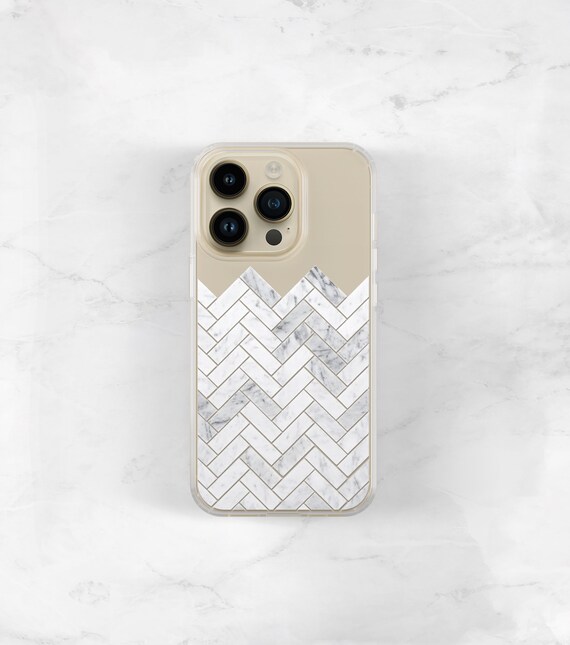 Marble Tile Clear Phone Case for iPhone 16 15 14 Pro Max 13 16e 12 MagSafe Herringbone Chevron Galaxy S25 Plus CC-MART