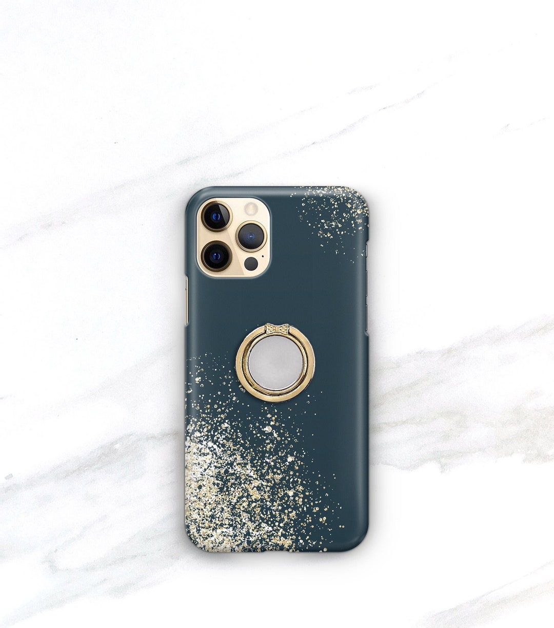 Ring Finger Splatter Blue Splatter Dots and Gold Ring Grip | iPhone 15 Pro Max 14 Plus 13 12 ...