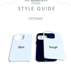 May include: Two phone cases, one labeled "Slim" and the other labeled "Tough". The cases are white with a clear back and a black border. The "Slim" case is on the left and the "Tough" case is on the right.