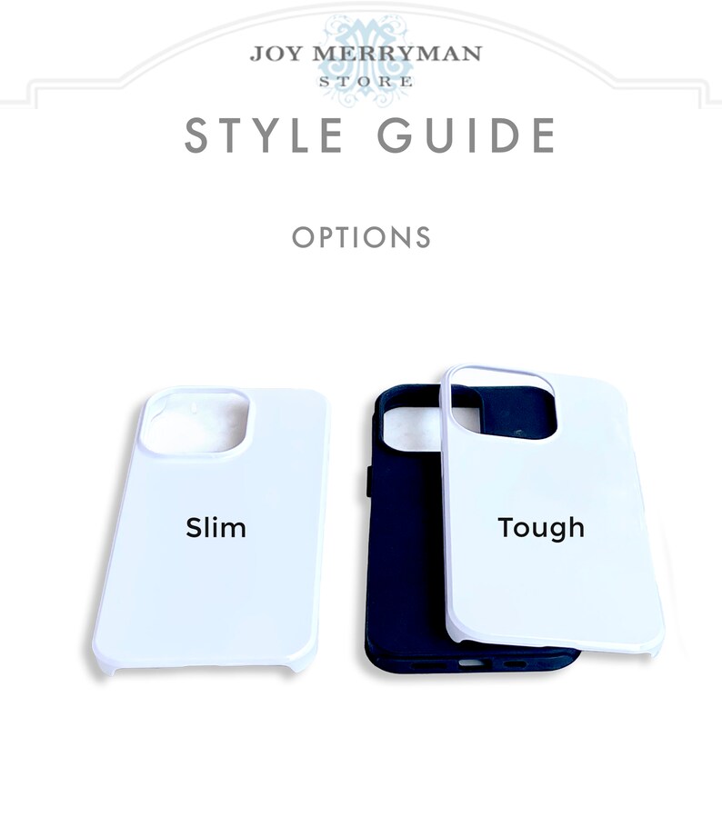 May include: Two phone cases, one labeled "Slim" and the other labeled "Tough". The cases are white with a clear back and a black border. The "Slim" case is on the left and the "Tough" case is on the right.