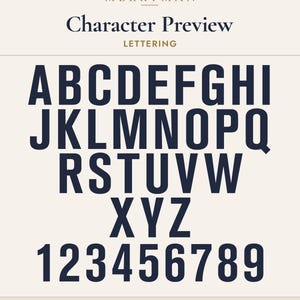May include: A character preview chart featuring the MERRYMAN brand logo at the top. Below, the full alphabet in uppercase letters from A to Z and the numbers 1 through 9 are displayed in a dark navy blue sans-serif font on a cream background.