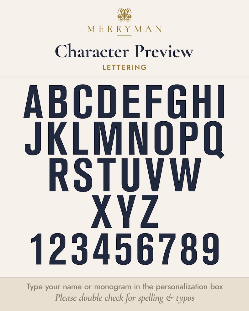 May include: A character preview chart featuring the MERRYMAN brand logo at the top. Below, the full alphabet in uppercase letters from A to Z and the numbers 1 through 9 are displayed in a dark navy blue sans-serif font on a cream background.