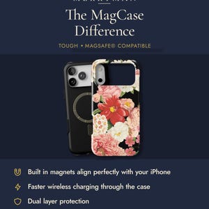 The image is an advertisement for a product called "The MagCase Difference", which is a case designed to be built in magnets and align perfectly with an iPhone. The case also provides additional features such as faster wireless charging and dual layer protection.