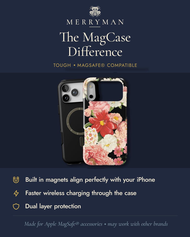 The image is an advertisement for a product called "The MagCase Difference", which is a case designed to be built in magnets and align perfectly with an iPhone. The case also provides additional features such as faster wireless charging and dual layer protection.