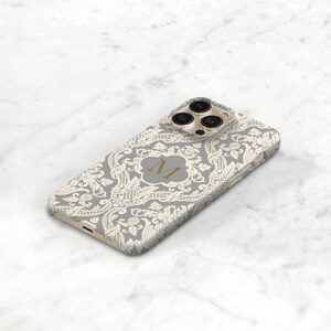 Elegant Phone Case Monogram iPhone 14 Pro Max Case Damask iPhone 13 Case Galaxy S22 Cream and Gray iPhone 12, 11, SE 2 Pixel 7 CMG-DAMGY image 3