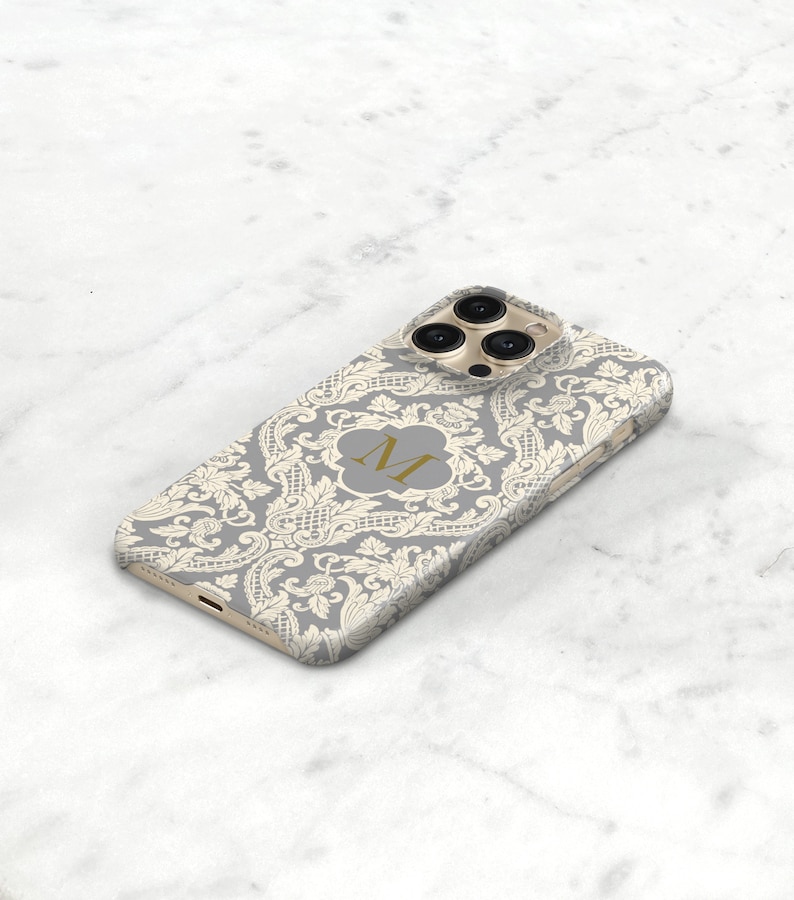 Elegant Phone Case Monogram iPhone 14 Pro Max Case Damask iPhone 13 Case Galaxy S22 Cream and Gray iPhone 12, 11, SE 2 Pixel 7 CMG-DAMGY image 3