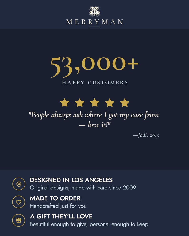 The image is a promotional image for a company called "MERRYMAN". It features a statement about the company's happy customers, a quote from a customer, and information about the company's design and manufacturing process. The image is designed in Los Angeles and is handmade, and it is a gift that the customer will love.