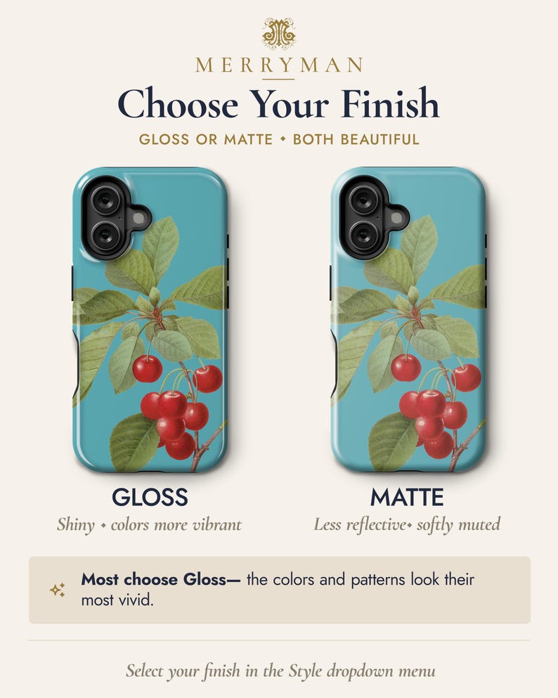 two phone cases with a cherry tree design, one with a glossy finish and the other with a matte finish. The text indicates that the user can choose between a glossy or matte finish for their phone case, and that the colors and patterns of the case will look their most vivid.