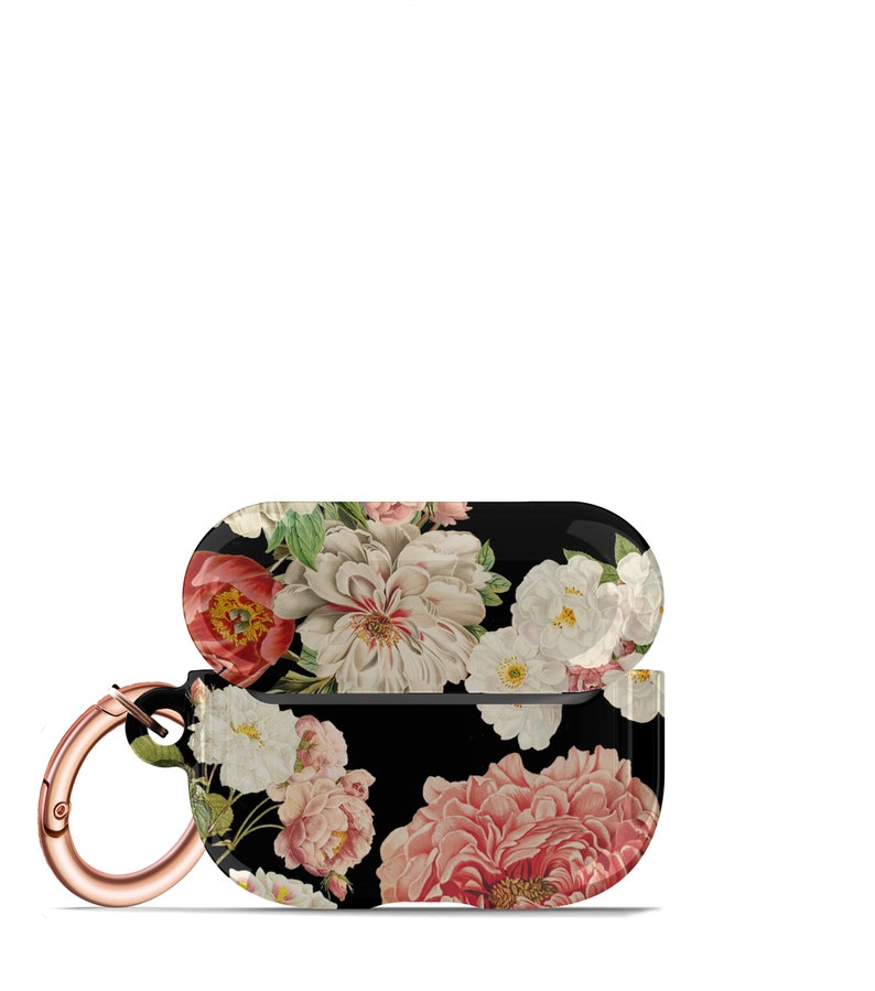 May include: A black floral print protective case for wireless earbuds with a rose gold carabiner clip.