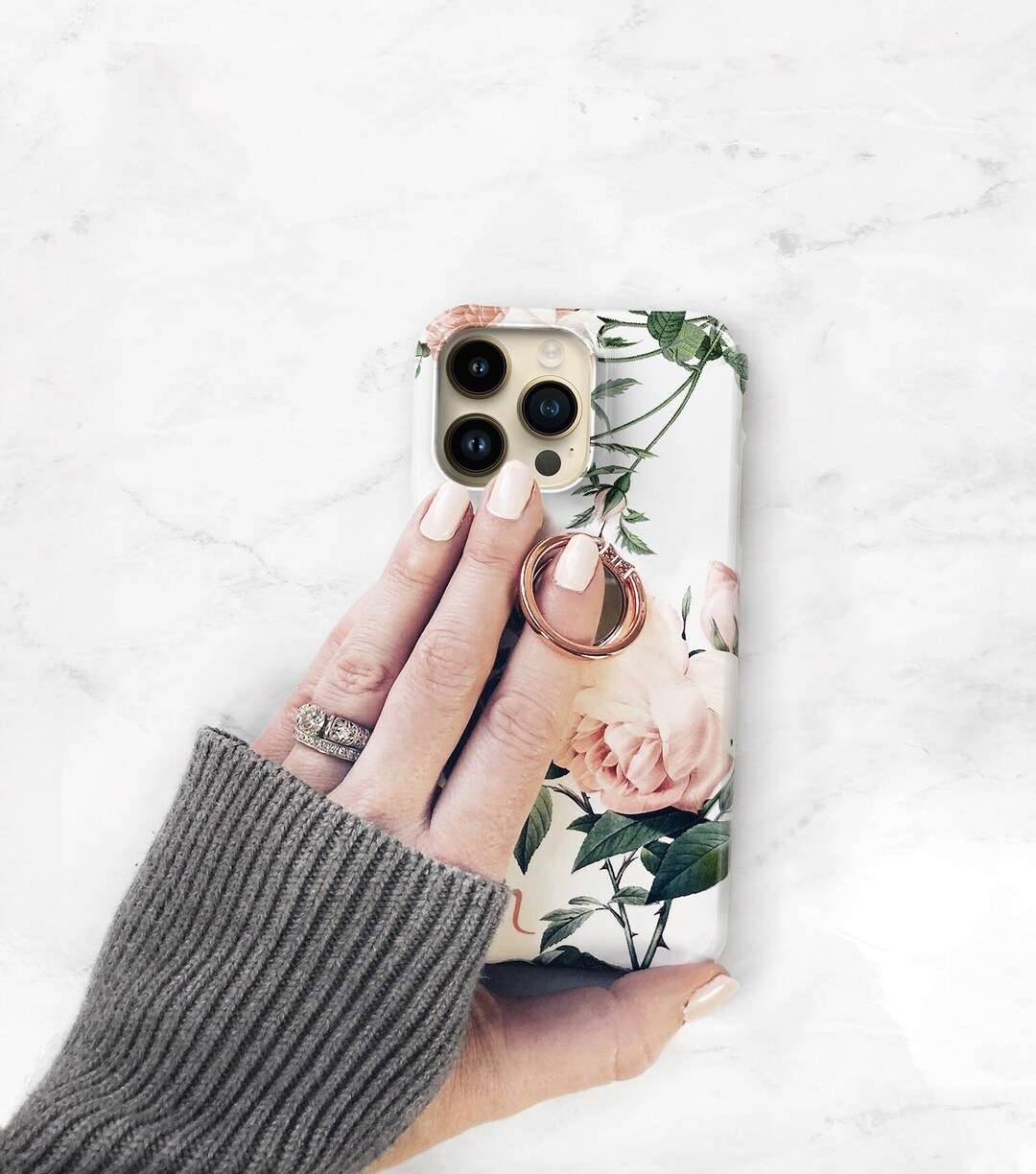 Personalized Rose Floral Phone Case & Rose Gold Ring Grip – Custom ...