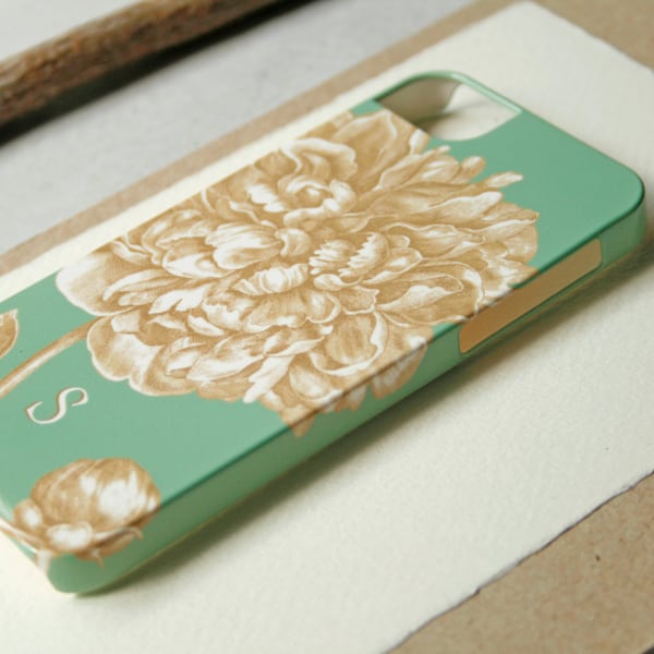 Peony iPhone 14 13 12 Case Monogram, Mint Green and Gold, Floral iPhone 11 Pro Xs Se Samsung S23 Plus CMG-PEOMING