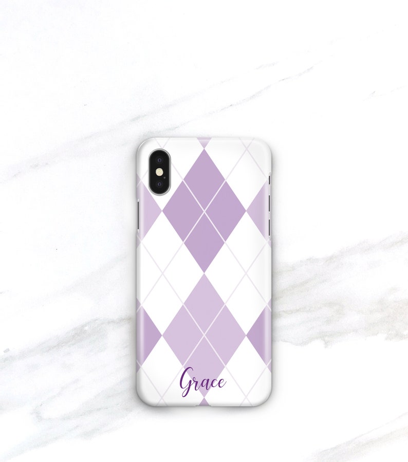 Personalized Lavender Argyle iPhone Case 13 Pro Max 12 Purple iPhone 15 14 Plus, Galaxy S22 Preppy Aesthetic iPhone 11 Xs Max CMG-ARGP image 3