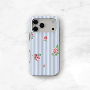 Blue Stripe Phone Case with Pink Flowers, Preppy iPhone 17 16 15 MagSafe 14 13 Pro Max 17e Monogram Name on Seersucker S24 S25 Plus C-PSF immagine 8