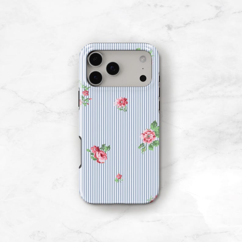 Blue Stripe Phone Case with Pink Flowers, Preppy iPhone 17 16 15 MagSafe 14 13 Pro Max 17e Monogram Name on Seersucker S24 S25 Plus C-PSF immagine 8