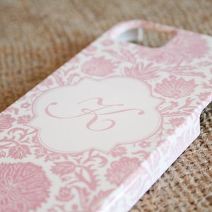 Monogrammed Pink Floral Damask Phone Case Personalized Initial iPhone 16 Pro Max, 15 14 13 12 MagSafe Girly S23 Plus S24 Ultra C-FDAMP