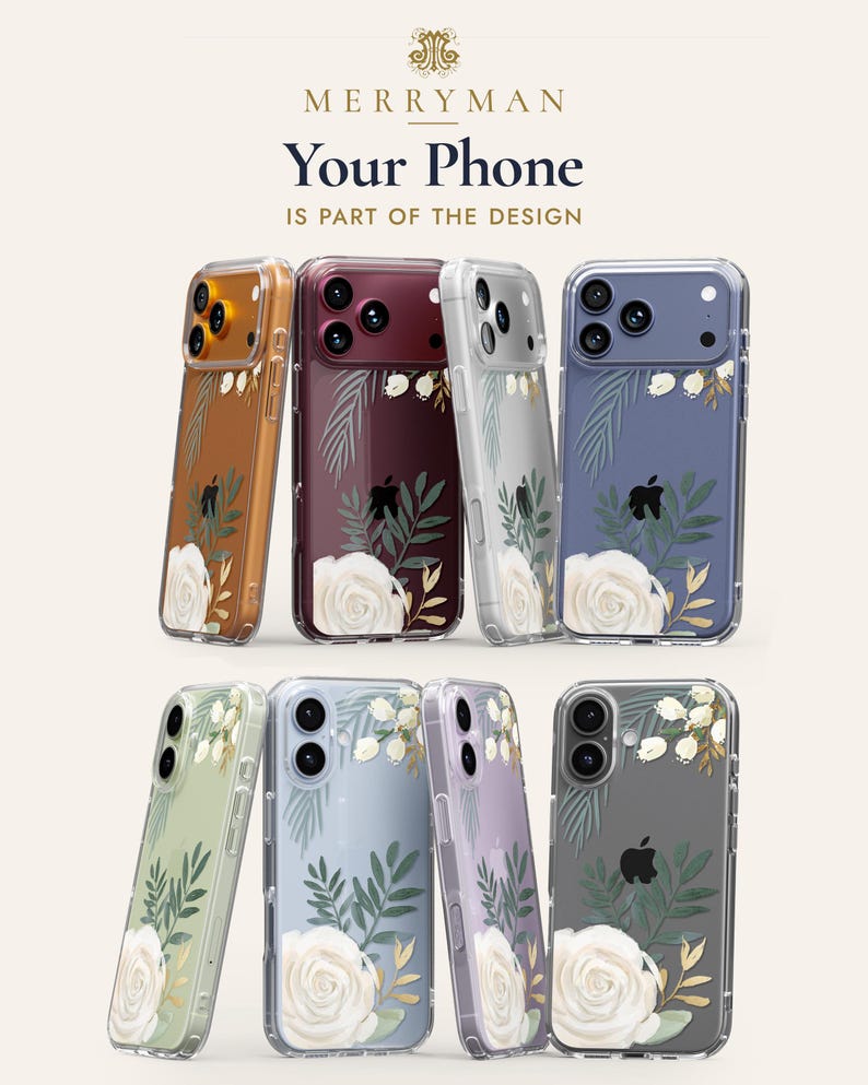 The image is a collage of various phone cases with floral designs, including roses and leaves. The text above the image reads "MERRYMAN Your Phone IS PART OF THE DESIGN".
