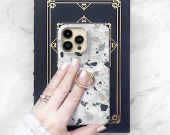 iPhone 14 13 12 Pro Max Case Terrazzo Print Ring Grip Phone Stand Case iPhone | Samsung Finger Loop Ring Stand 11 14 Plus Xs 15 CG-TERZCB-RG