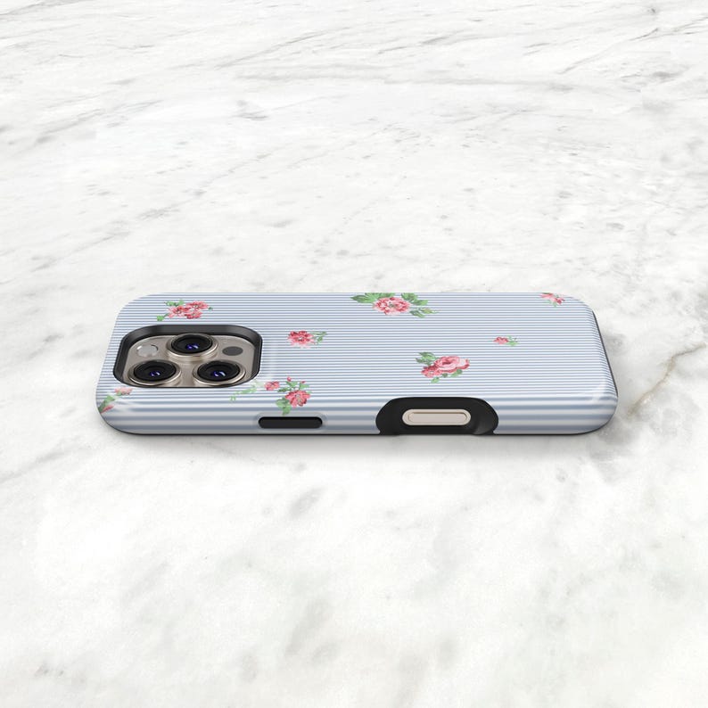 Blue Stripe Phone Case with Pink Flowers, Preppy iPhone 17 16 15 MagSafe 14 13 Pro Max 17e Monogram Name on Seersucker S24 S25 Plus C-PSF immagine 9
