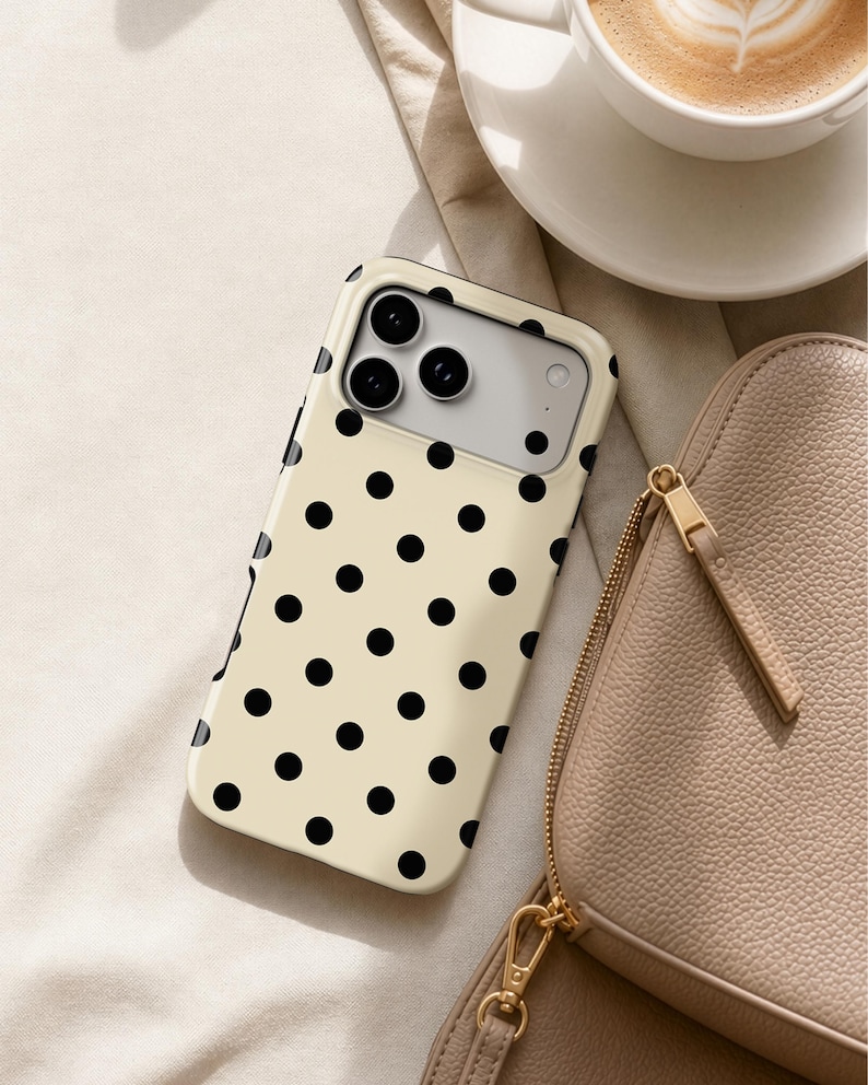 Black & Cream Polka Dot Phone Case — Classic Retro iPhone 17 16 15, Samsung, Neutral Spotted Pattern | Gift for Her imagen 5