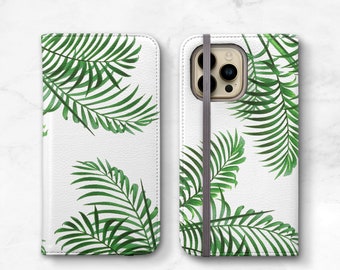 Tropical Palm Leaf Frond Print Wallet Phone Case Palm Beach iPhone 14 Pro Max 13 12 11 SE 2 Xs 8 14 Plus Vegan Leather Womens Wallet WC-PBCH