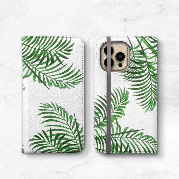 Tropical Palm Leaf Frond Print Wallet Phone Case Palm Beach iPhone 14 Pro Max 13 12 11 SE 2 Xs 8 14 Plus Vegan Leather Womens Wallet WC-PBCH