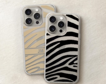 Clear Zebra Phone Case with Monogram — Black or Blonde, iPhone Samsung