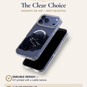 a phone case with a clear design, including a night sky and constellation pattern. The case is described as durable, UV printed with a subtle texture, and impact resistant, with a polycarbonate back and cushioned TPU edges.