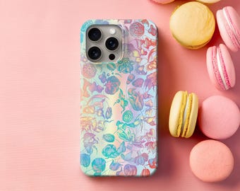 May include: A smartphone case featuring a multi-colored iridescent finish with a detailed botanical pattern of various flowers and leaves in shades of blue, purple, and orange, with a circular cutout for the camera lens array on the upper left.