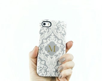 Personalized iPhone 12 Case Monogram Damask iPhone 11 Pro Max, iPhone 14, 15 12 Mini Case Cream and Gray iPhone SE Galaxy S23 CMG-DAMGY