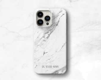 Marble Phone Case Roman Numerals iPhone 13 14 15 Pro Max 11 12 Mini Custom Personalized Date Gift for Birth Engagement Anniversary CMG-MARW