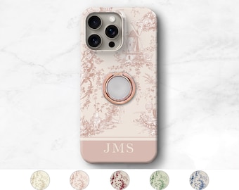 Blush Pink Toile and Ring Grip Custom Name iPhone Case Personalized Phone Stand Grip 11 12 13 14 Plus 15 Pro Max Xs Galaxy S23 Ultra WTN-RG