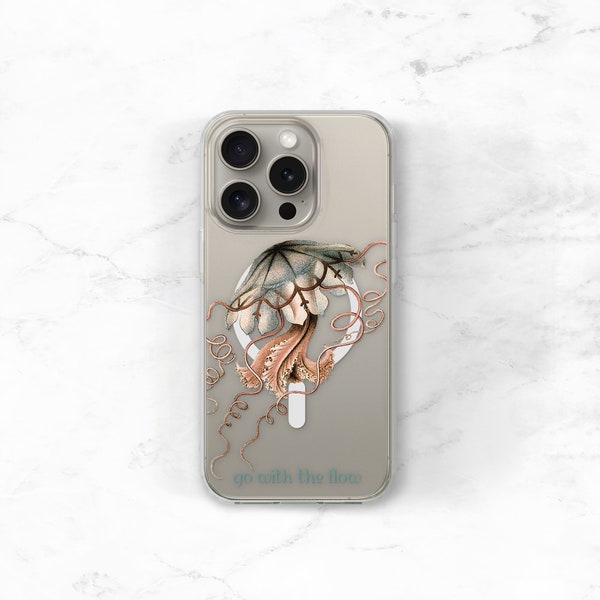 Beachy Clear Phone Case with Jellyfish Illustration | iPhone or Samsung Galaxy S Series | Perfect for Ocean Lovers & Yoga Enthusiasts CC-JEL