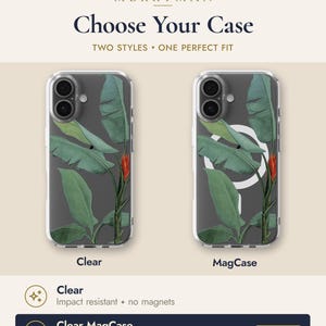 The image is an advertisement for a phone case, featuring two different styles of clear and mag-safe cases with a tropical leaf design.