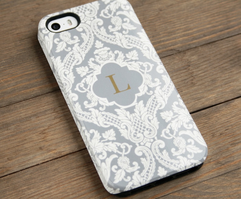Luxury iPhone Case Monogrammed Gray Damask iPhone 12 11 Xs Max 14 15 Galaxy S20 Cream and Gray iPhone SE 2020 Personalized Gift CMG-DAMGY image 4