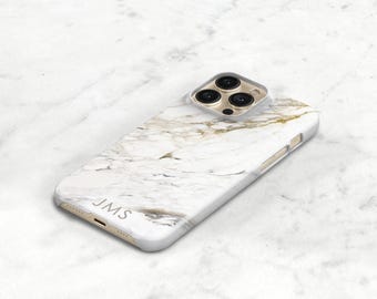 May include: A white and gold marble-patterned smartphone case featuring the letters JMS printed in a dark font near the bottom edge. The case has a cutout for the triple-lens camera system and covers the back and sides of the device.