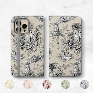 Toile Phone Case Wallet iPhone 16 14 Pro Max 13 12 11 15 Plus Negro Toile de Jouy WC-WTN