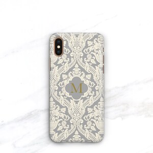 Elegant Phone Case Monogram iPhone 14 Pro Max Case Damask iPhone 13 Case Galaxy S22 Cream and Gray iPhone 12, 11, SE 2 Pixel 7 CMG-DAMGY image 5