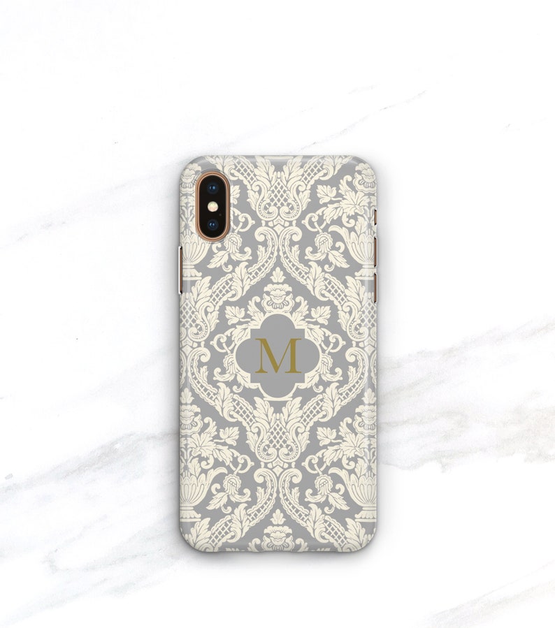 Elegant Phone Case Monogram iPhone 14 Pro Max Case Damask iPhone 13 Case Galaxy S22 Cream and Gray iPhone 12, 11, SE 2 Pixel 7 CMG-DAMGY image 5