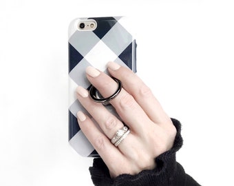 Ring Stand Holder With Retro Gingham Case iPhone and Galaxy, Expanding Stand and Grip for Smartphones in Gray Black and White CG-GINLGBW-RG