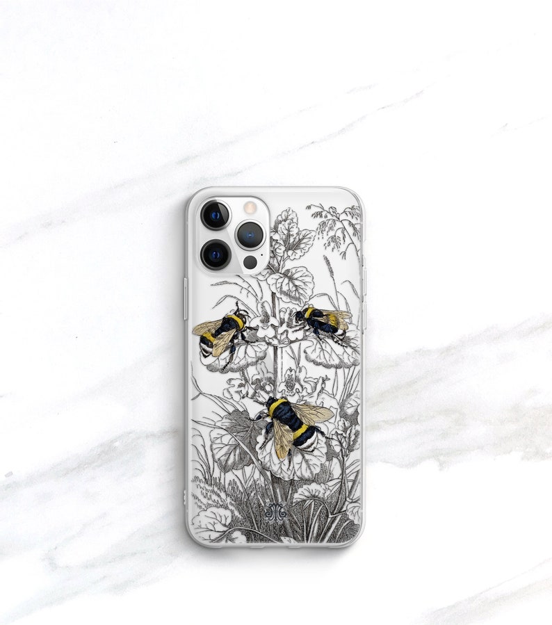 May include: A clear phone case with a black and white illustration of bees and flowers. The case has a cutout for the phone's camera.