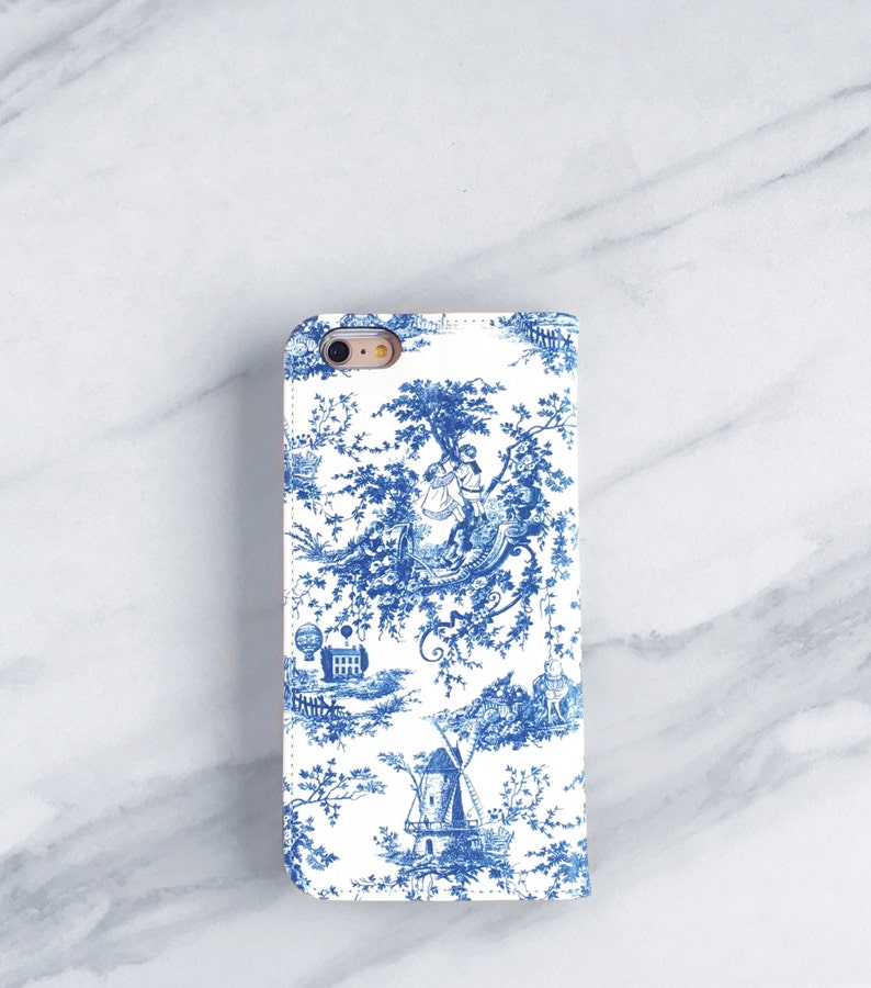 iPhone Wallet Toile Blue and White, iPhone 14 Plus Wallet Case iPhone 14 Pro Max 13 12 11 Womens Flip Phone Case Vegan Leather WC-WTB image 3