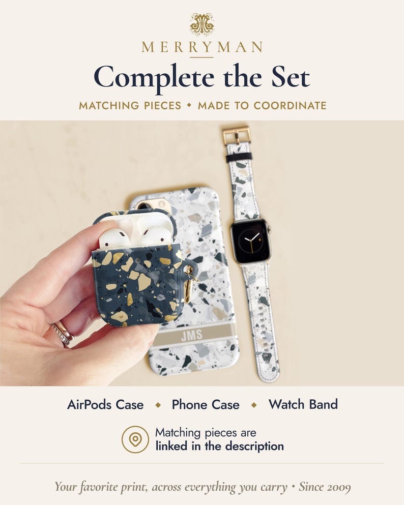 May include: A dark blue AirPods case with a gold and white terrazzo pattern, a white phone case with a grey and black terrazzo pattern featuring the text JMS, and a white watch band with a grey and black terrazzo pattern and a gold buckle.