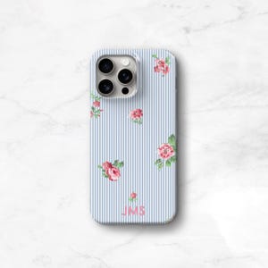 Blue Stripe Phone Case with Pink Flowers, Preppy iPhone 17 16 15 MagSafe 14 13 Pro Max 17e Monogram Name on Seersucker S24 S25 Plus C-PSF immagine 10