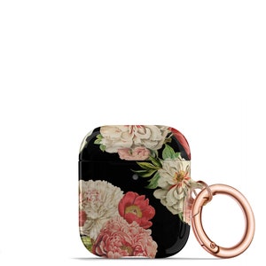May include: A black Airpod case with a floral design featuring pink, white, and red peonies. The case has a rose gold carabiner clip.