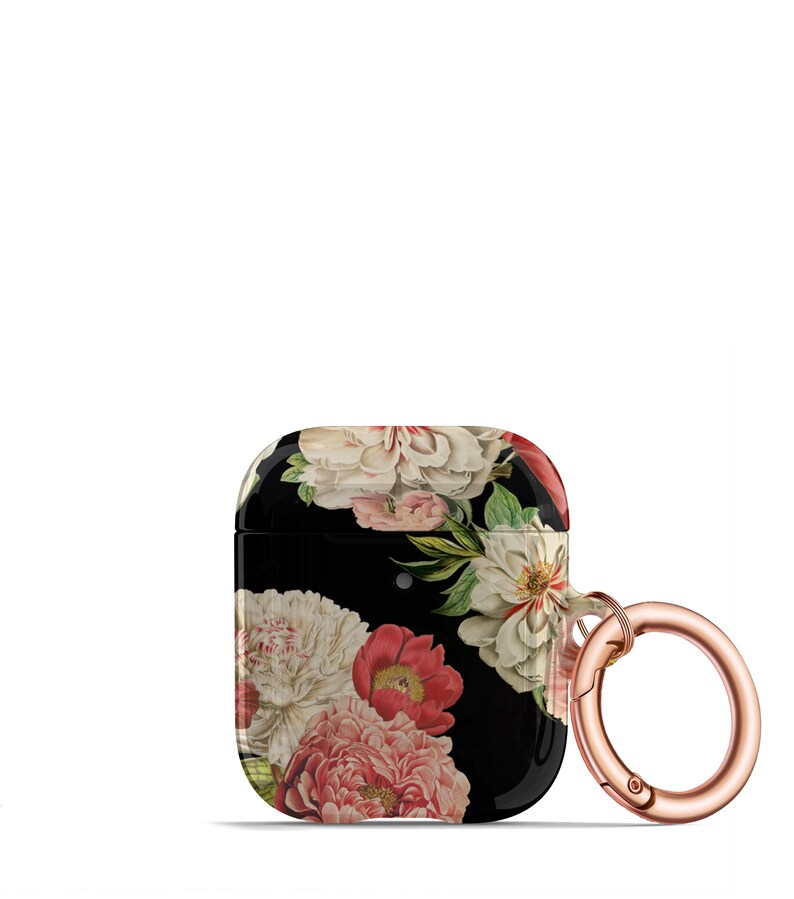 May include: A black Airpod case with a floral design featuring pink, white, and red peonies. The case has a rose gold carabiner clip.