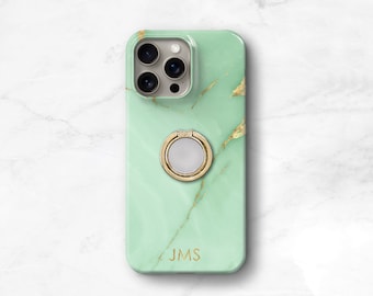 Personalized iPhone Case with Ring Grip - Jade Green Marble Gold Finger Ring Stand for iPhone 15 Pro Max 13 14 Plus 12 11 Case CM-ONXJ